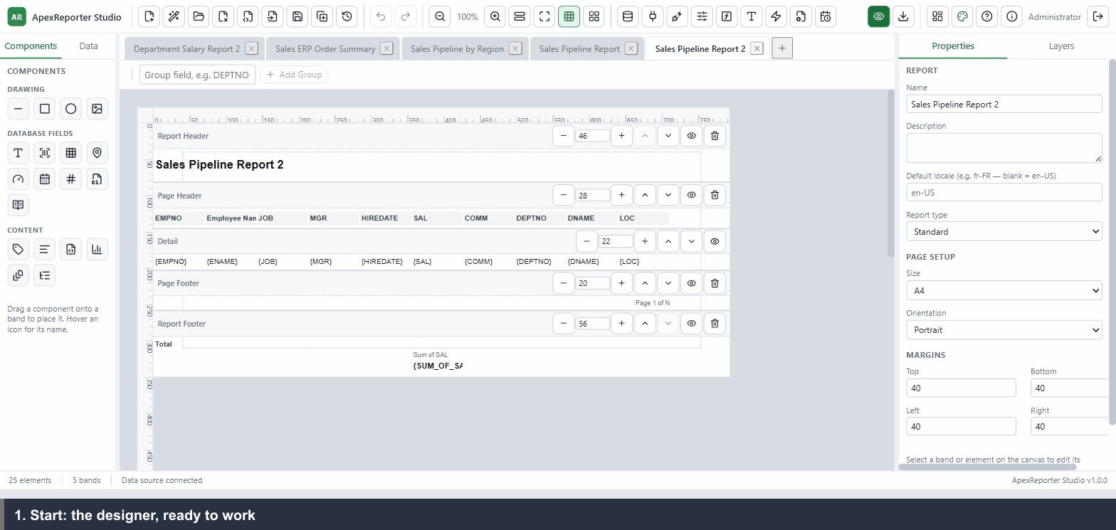 Step-by-step: create a connection, run the Report Wizard, save, preview, and open the API link
